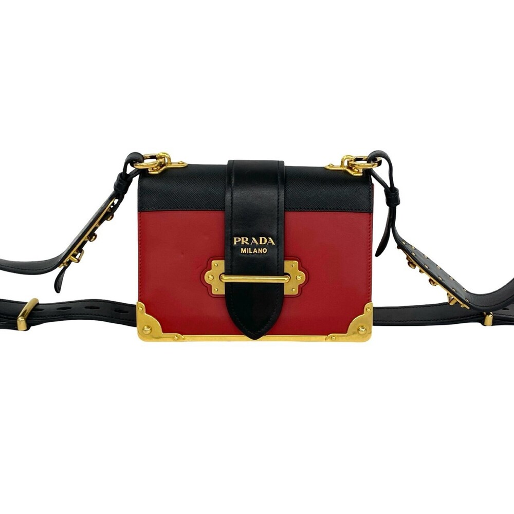 PRADA Cahier Logo Hardware Leather Mini Shoulder Bag Pouch Red Black Gold 91471